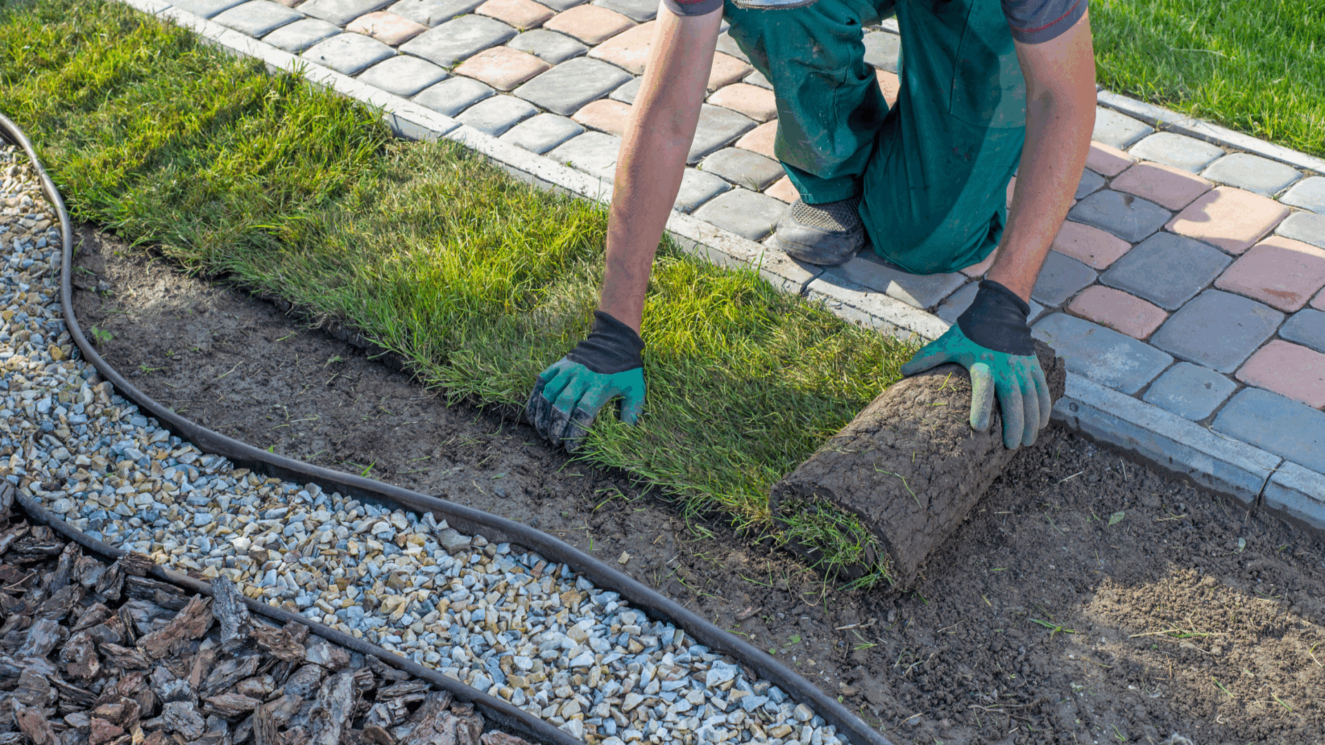 Landscaper installing fresh sod along a walkway during a spring landscaping project